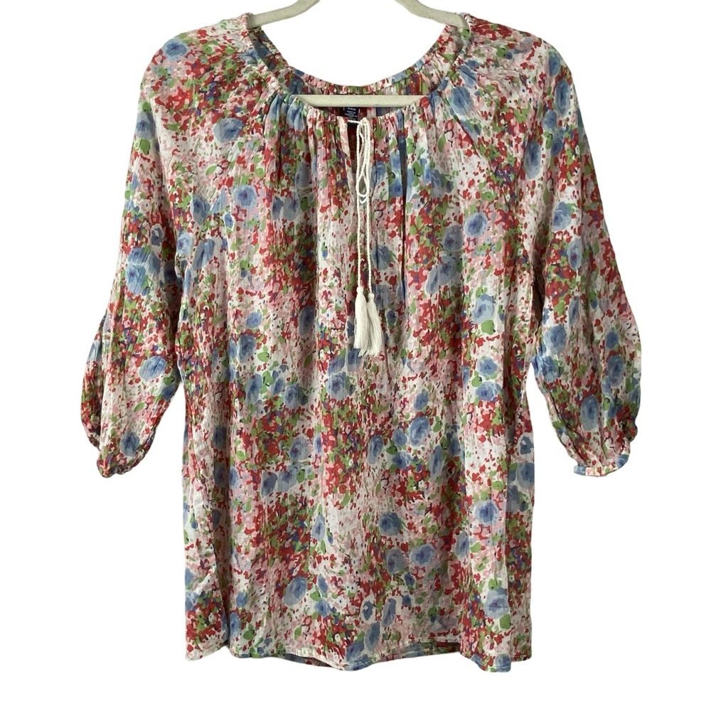 Chaps Denim Boho Peasant Floral Gauzy Tie Top Size M